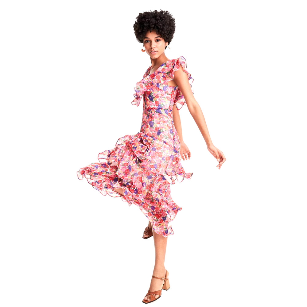 NWT WAYF Chelsea Tiered Ruffle Maxi Dress Rainbow Carnations Size Small Tiered